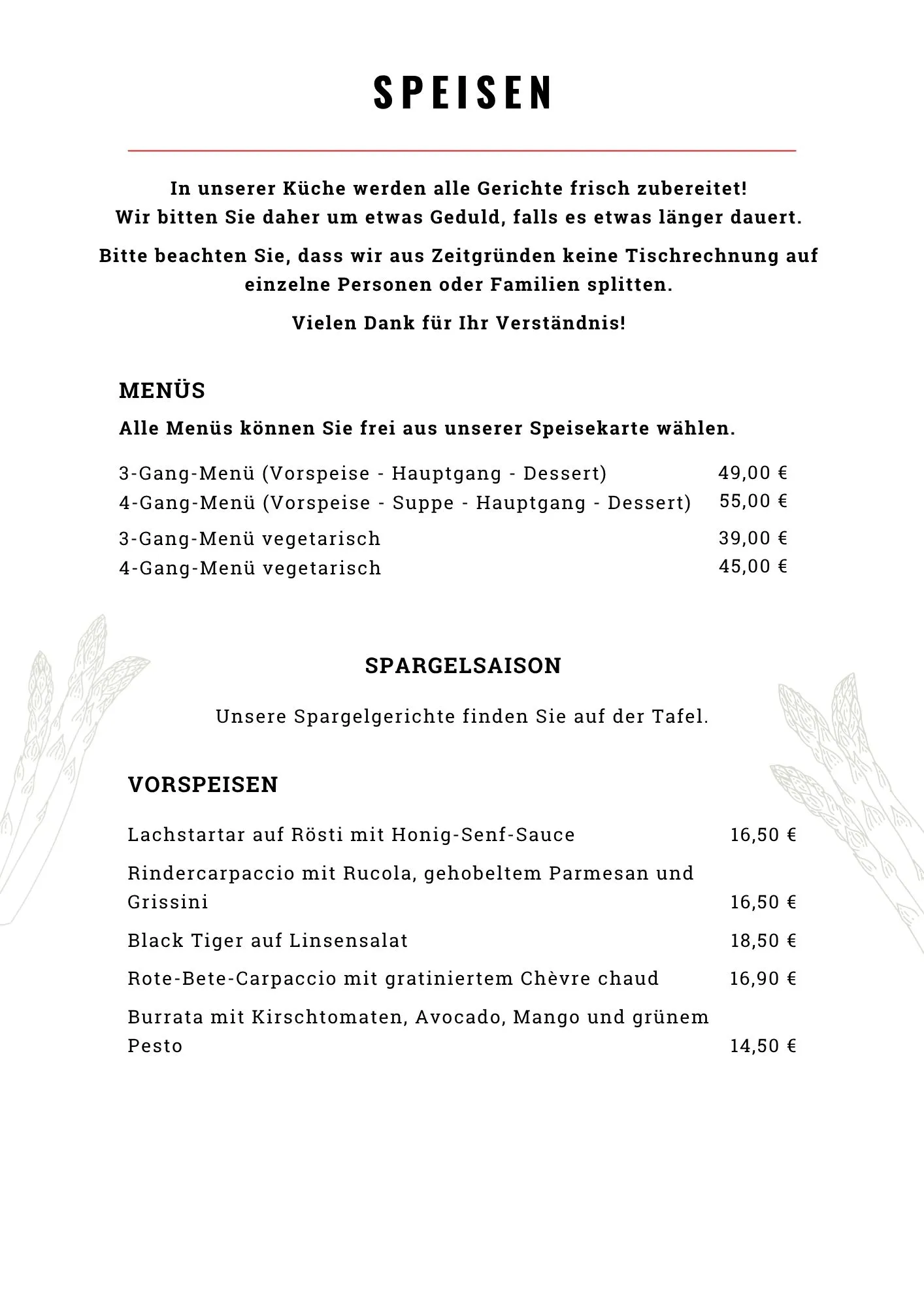 Speisekarte Seite 1: Menüs und Vorspeisen