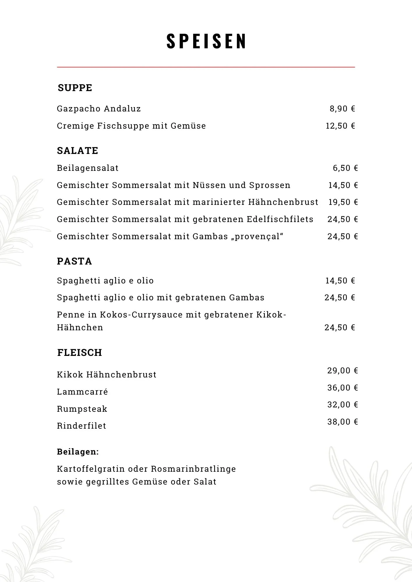 Speisekarte Seite 2: Suppe, Salate, Pasta und Fleisch