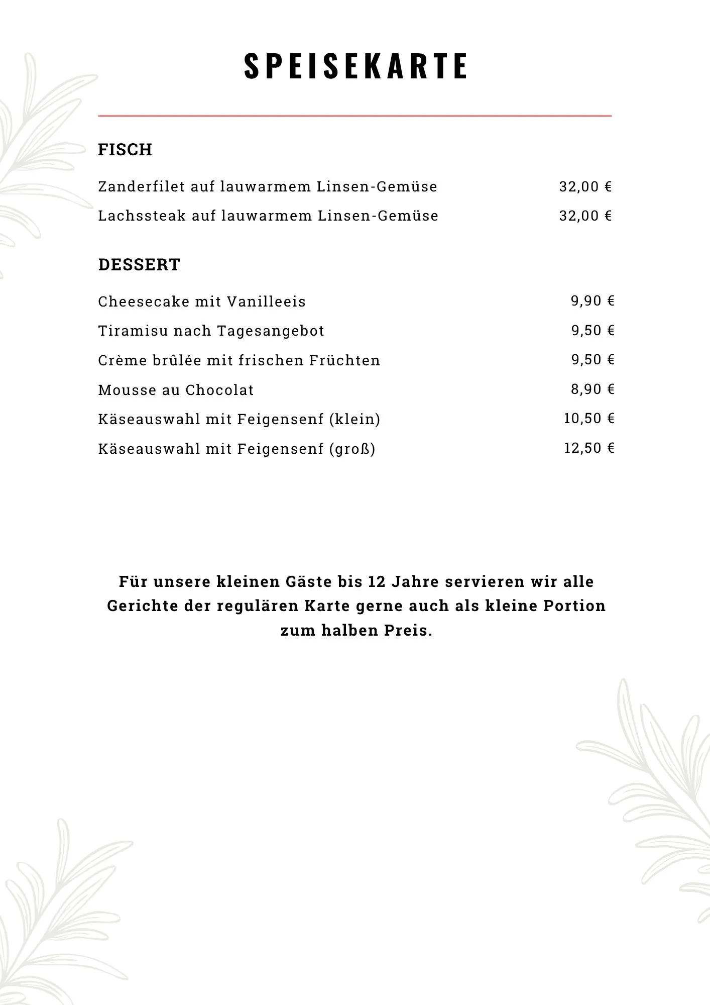 Speisekarte Seite 3: Fisch und Dessert