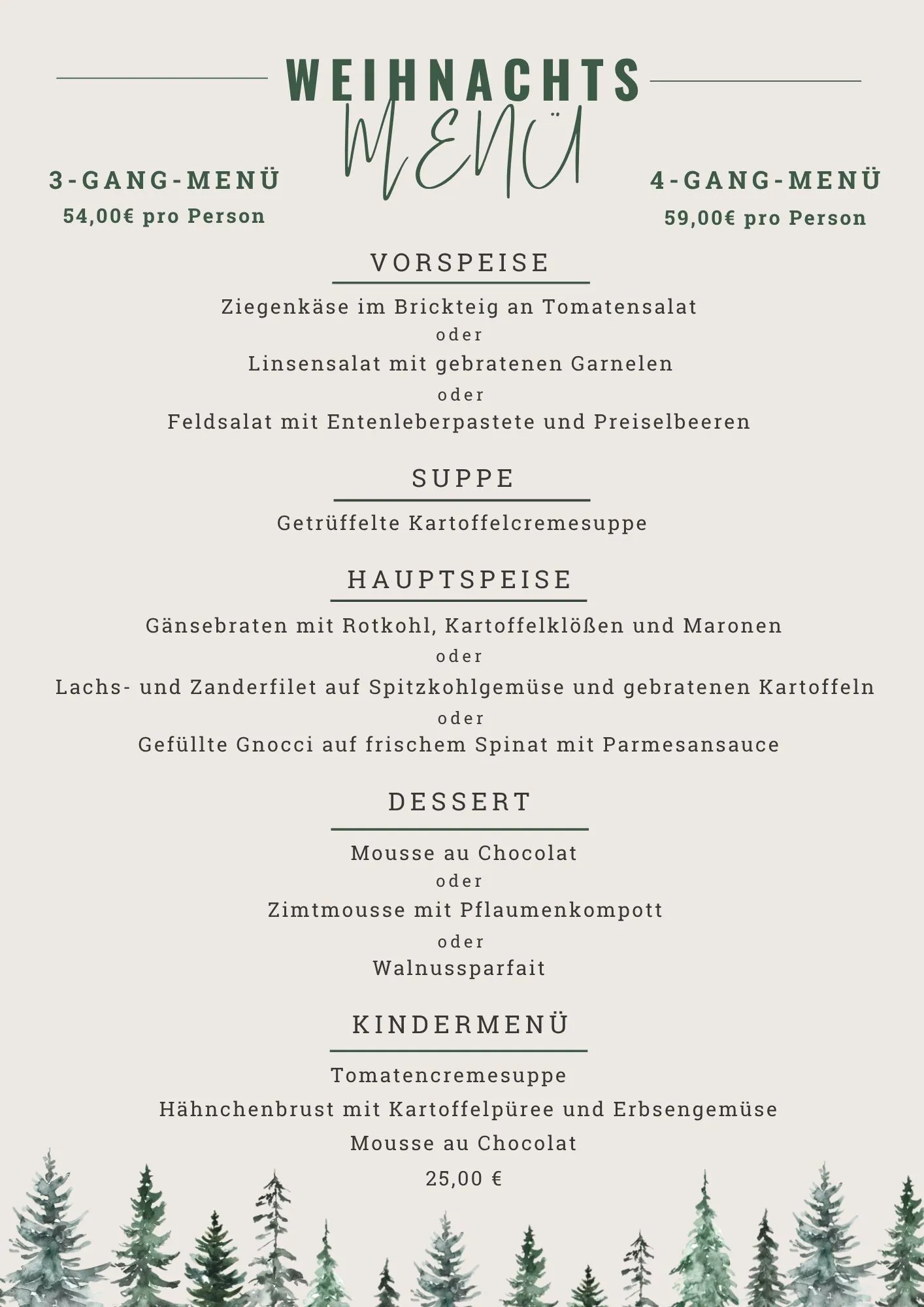 Weihnachtsmenü 2026: 3-Gang-Menü 54 Euro, 4-Gang-Menü 59 Euro, Kindermenü 25 Euro