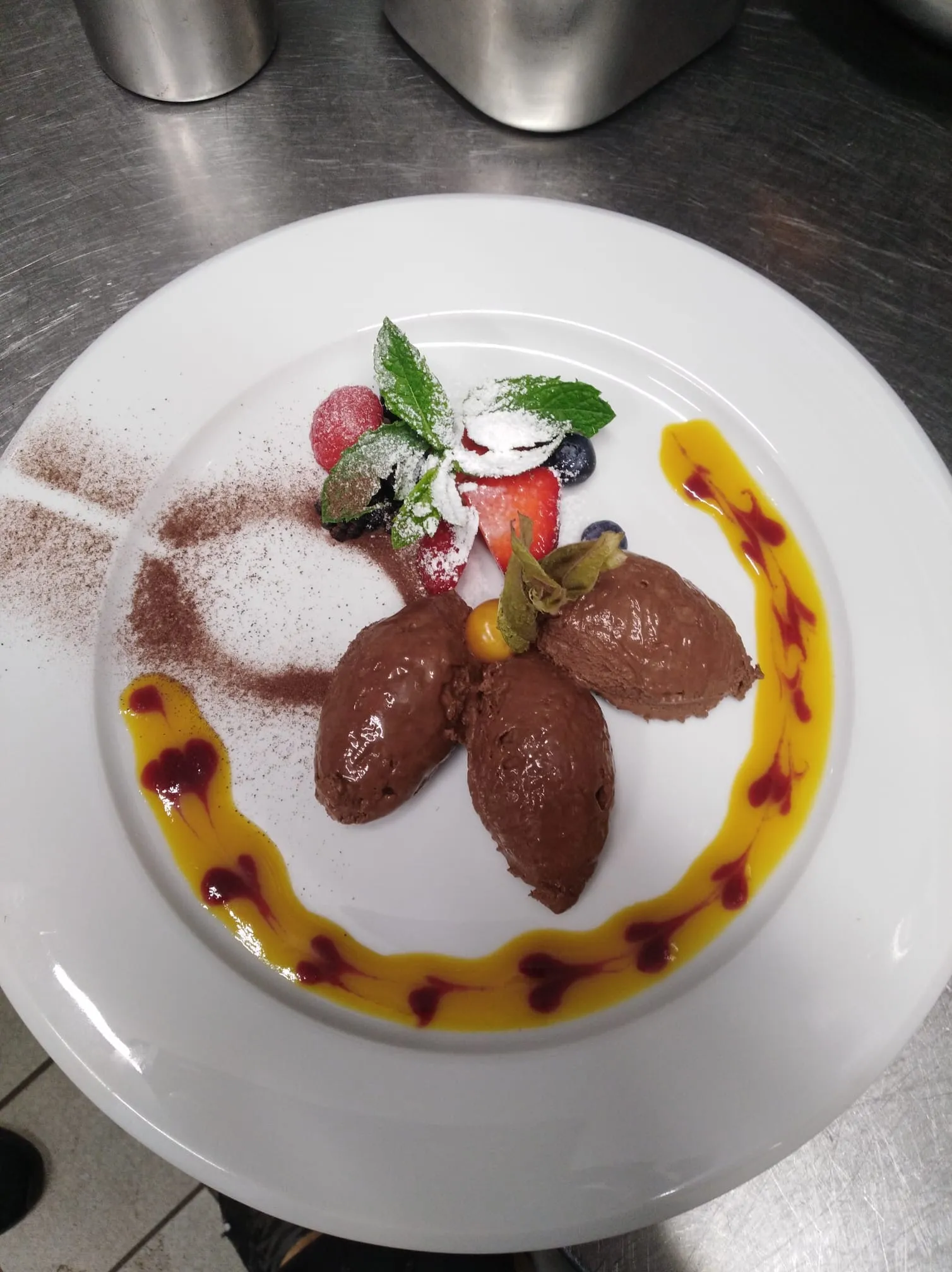 Dessert: Schokoladenmousse mit Früchten und Fruchtsauce